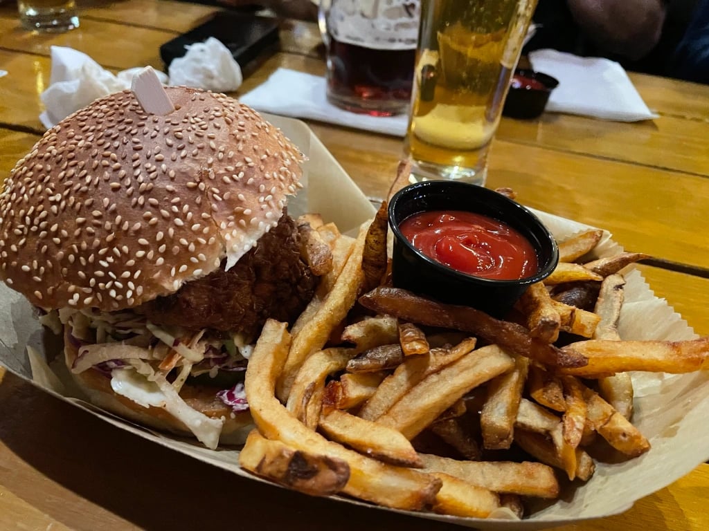 Chicken sandwich and fries from Noble Beast Cleveland